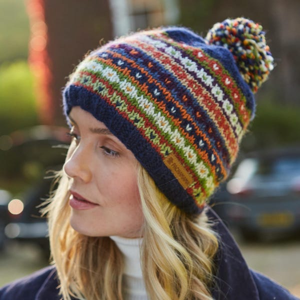 Women's Knitted Fair Isle Bobble Beanie - Blue, 100% Wool | Pachamama