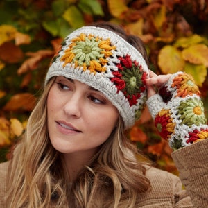 Gorro de ganchillo con pompón para mujer - Diadema de ganchillo con cuadrados de abuela - Diadema color avena - Gorro de ganchillo con cuadrados de abuela - Gorro retro - 100 % lana - Pachamama