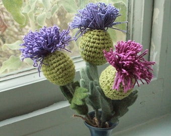 Vilten distel bos van 3 - gehaakte bloemen - Schotse distel - gebreide distelbloemen - katoenbloemen - duurzame bloem - pachamama