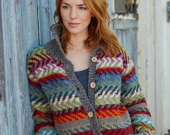 Women&#39;s Wool Cardigan - Winter Cardigan - Fair Isle Cardi - Chevron Cardigan - Striped Cardi - 100% Wool - Ethical Clothing - Pachamama