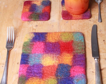 Patchwork Colourful Coasters, Placemats: 100% Felted Wool, Pachamama