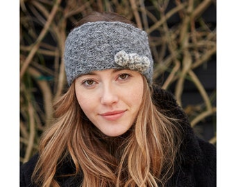 Women's Pom Pom Headband - Hand Knitted Winter Ear Warmer - Textured Wool - Fair Trade - Handmade Winter Cosy - 100% Wool - Pachamama