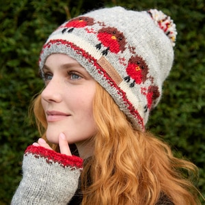 Women&#39;s Robin Hat - Grey Beanie - Christmas Knitted Headband - Xmas Handwarmers - Robin Sofa Socks - Festive Beanie - 100% Wool - Pachamama