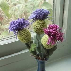 Filz Distel 3er Strauß - Häkelblumen - Schottische Distel - Gestrickte Distelblumen - Baumwollblumen - Pachamama