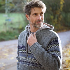 Men's Grey Zip Jacket - Fair Isle Jacket - Blue Knit Jacket - Fleece Lined Jacket - Aztec Pattern - Fair Trade - Sustainable - Pachamama