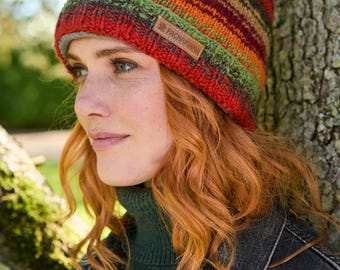 Women's Knitted Stripy Sunset Roll Back Bobble Beanie: 100% Wool, Pachamama