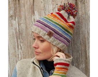 Womens Hand Knitted Bobble Beanie - Rainbow Stripe Hat - 100% Wool - Knitted Rainbow Beanie - Rainbow Knit Hat - Fair Trade - Pachamama