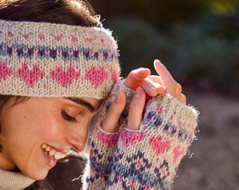 Women's Heart Fair Isle Bobble Beanie - Heart Pattern Headband - Knitted Wool Handwarmers - 100% Wool - Fair Trade - Pachamama | Murano