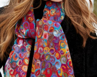 Women's Hand Felted Dotty Scarf - Merino Wool & Chiffon - Handmade - Vibrant Polka Dot - Soft Felt Scarf - Colourful Swirls - Pachamama