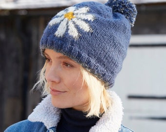 Women's Daisy Beanie - Daisy Motif Handwarmers - Daisy Headband - Warm Bobble Beanie - 100% Wool - Fleece lined - Fair Trade - Pachamama