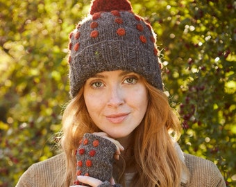 Women's Brown and Red Knitted Hat - Knitted Brown Gloves - Warm Wool Headband - Embroidered Roses Knit Hat - Pachamama