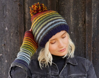 Womens Knitted Rainbow Bobble Beanie - Stripe Beanie - Rainbow Hat - Rainbow Handwarmers - Stripy Fingerless Gloves - 100% Wool - Pachamama