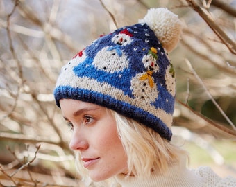 Women's Snowman Bobble Beanie - Christmas Hat - Festive Beanie - Novelty Hat - Xmas Accessories - 100% Wool - Fair Trade - Pachamama