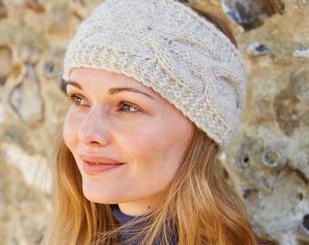 Women's Knitted Headband - Warm Winter Headband - Fleece Lining - 100% Wool - Aran Knit Ear Warmer - Cable Knit - Pachamama