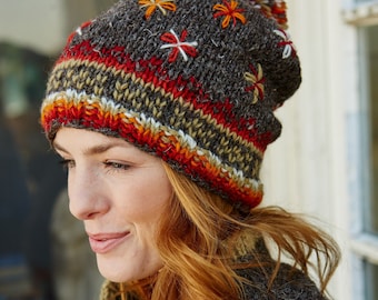 Women&#39;s Brown Knitted Beanie - Red Knit Gloves - Warm Knitted Headband - Autumnal Accessories - Floral Embroidered Hat - Pachamama