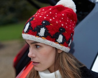 Bonnet de Noël femme pingouin - Gants de Noël pingouin - Bandeau de Noël - 100 % laine - Commerce équitable - Tricot de Noël - Pachamama