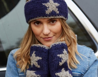 Women's Navy Star Bobble Hat - Grey Blue Gloves - Warm Knitted Headband - 100% Wool - Retro Star Motif - Fair Trade - Pachamama