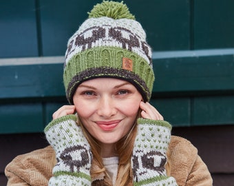 Women's 100% Wool Herdwick Sheep -  Fair Trade Winter Hat - Handmade Bobble Beanie - Knitted Headband - Lamb Fingerless Gloves - Pachamama