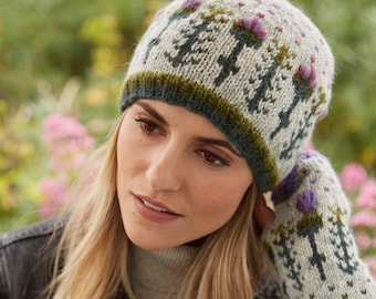 Women&#39;s Embroidered Thistle Beanie - Scottish Thistle - Warm Floral Gloves - Flower Knitted Headband 100% Wool - Pachamama