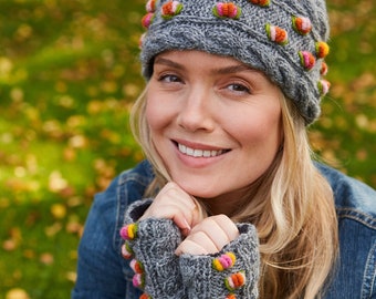 Women's Grey Floral Knitted Hat - Knitted Grey Gloves - Warm Wool Headband - Embroidered Flower Knit Hat - Pachamama