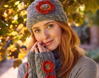 Women's Red Flower Knitted Hat - Knitted Grey Gloves - Warm Wool Headband - Cable Knit Beanie - Pachamama