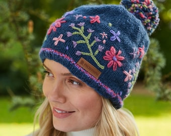 Gorro, diadema y calentadores de manos de mezclilla bordados con flores para mujer, 100 % lana / Pachamama