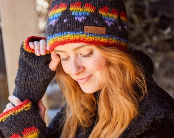 Women's Rainbow Heart Bobble Beanie - Charcoal Knitted Rainbow Headband - Warm Woolly Gloves - Rainbow Heart Motif - Pachamama