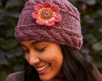 Women's Plum Flower Knitted Hat - Knitted Purple Gloves - Warm Wool Headband - Cable Knit Beanie - Pachamama