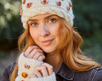 Women's Cream Floral Knitted Hat - Knitted Cream Gloves - Warm Wool Headband - Embroidered Flower Knit Hat - Pachamama