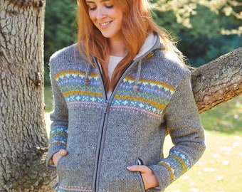 Women's Wool Fair Isle Zip Hoody - 100% Wool - Fine Knit - Warm Hoody - Sherpa Fleece - Grey & Rainbow Hoodie - Ethical Gift - Pachamama