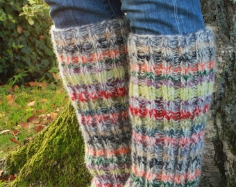 Handmade Knitted Rainbow Legwarmers - Muted Rainbow Accessories - Ribbed Legwarmers - Wool Boot Cuffs - Warm Legwarmers - Pachamama