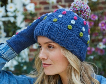 Women's Blue Dotty Knitted Hat - Knitted Denim Gloves - Warm Wool Headband - Embroidered Roses Knit Hat - Pachamama