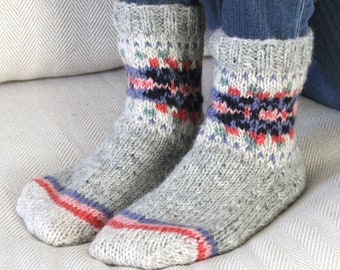 Women's Knitted Fair Isle Sofa Socks - Grey Knit Socks - Fair Isle Cosy Socks - Warm Woolly Socks - Knitted Loungewear - Pachamama