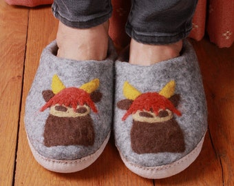 Womens Highland Cow Felt Slippers - Hand Felted Slippers - Womens Handmade Wool Slippers with Suede Sole - Womens Felt Slippers - Pachamama