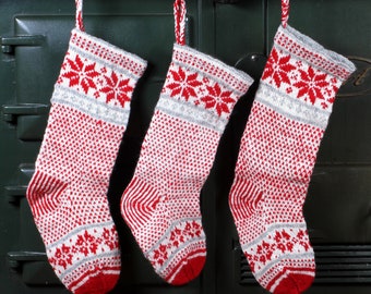 Christmas Stocking - Red & White Decoration - Wool Knitted Stocking - Snowflake Stocking - 100% Wool - Pachamama