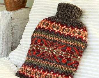 Hand Knitted Hot Water Bottle Cover - Traditional Fair Isle Pattern - 100% Wool - Fair Trade - Includes 2 litre Hot Water Bottle - Pachamama