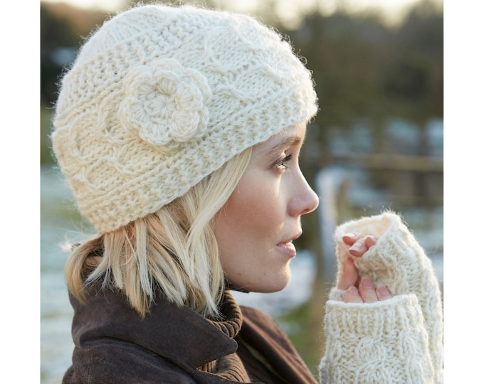 Women's Flower Beanie - Winter Hat - Hand Knitted - 100% Wool - Classic Cable Knit Hat - Ethical Clothing - Fleece Lined - Pachamama