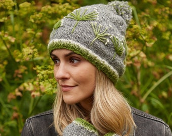 Womens Floral Bobble Beanie - Embroidered Flower Headband - Knitted Wool Handwarmers - Cow Parsley - Babies Breath - Fair Trade - Pachamama