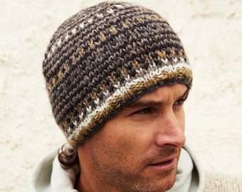 Men's Hand Knitted Bobble Beanie or Handwarmer, 100% Wool Winter Hat, Fingerless Gloves Fleece Lined Fair Trade, Neutral Stripes