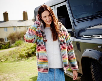 Women's Handmade Striped Zip Hoody, 100% Wool, Fleece Lined, Fair Trade, Rainbow Bright Colours, Nepalese, Natural