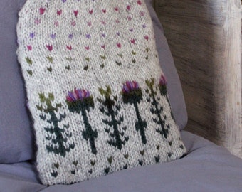 Thistle Hot Water Bottle - Cosy Spring - Embroidery - Includes 2L Bottle - Knitted by Hand - 100% Wool - Sustainable - Pachamama