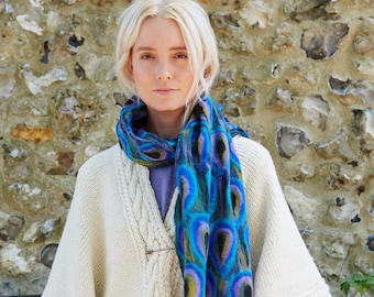 Women's Hand Felted Peacock Scarf - Merino Wool & Chiffon - Handmade - Vibrant Feather Design - Soft Felt Scarf - Pachamama