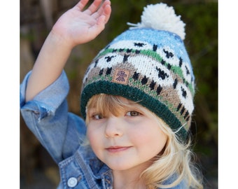 Kid's Snowy Sheep Bobble Beanie, 100% Wool, Children's Animal Pom Pom Hat, Sherpa Fleece Lined, Cosy Handknit, Cute Lamb Design, Fair Trade