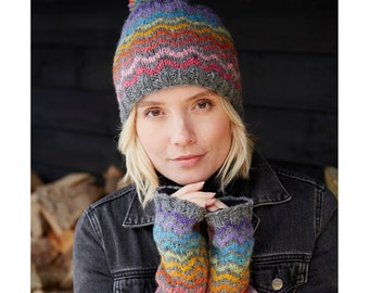 Women&#39;s Knitted Rainbow Bobble Beanie - Warm Rainbow Handwarmers - Rainbow Knit Beanie - Multicoloured Waves Stripes - 100% Wool - Pachamama
