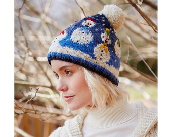 Women's Snowman Bobble Beanie, 100% Wool Fair Trade Winter Hat, Fleece Lined Snowy Christmas Headband, Hand Knit Festive Jolly Pompom Hat