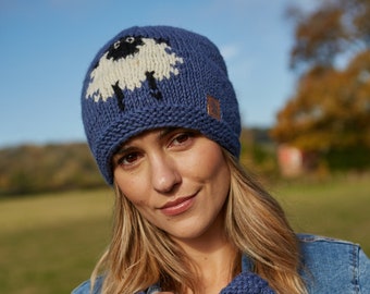 Sheep Beanie - Blue Knitted Hat - 100% Wool - Handknitted in Nepal - Matching Sheep Handwarmers - Sustainable Clothing - Pachamama