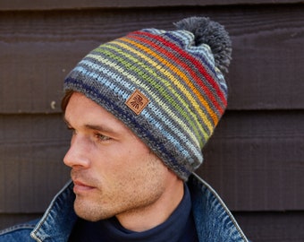 Men's Rainbow Stripe Grey Bobble Beanie - Fingerless Gloves - Multicoloured Cosy Beanie Hat - 100% Wool Fine Knit Fair Trade - Pachamama