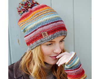 Women's Hand Knitted 100% Wool Bobble Beanie, Sunset Stripe Fair Trade Winter Hat, Headband, Fingerless Gloves, Sunrise, Bright