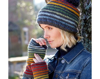 Women's Hand Knitted Rainbow Stripe Grey Bobble Beanie, Handwarmer, 100% Wool Fair Trade Fine Knit Winter Hat, Vibrant Fun Fingerless Gloves