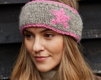 Women's Pink Star Bobble Hat - Fingerless Gloves - Fleece Lined Headband - 100% Wool - Retro - Fair Trade - Ethical Clothing - Pachamama